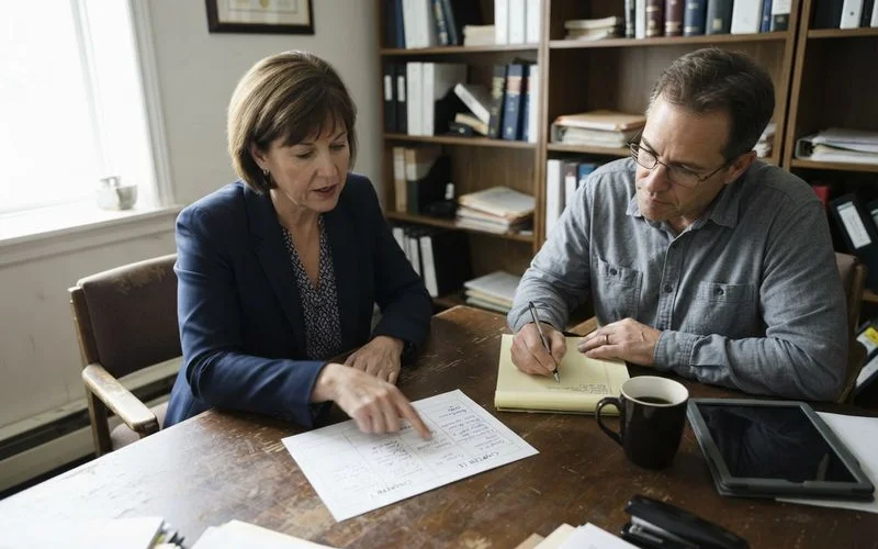 A homeowner and bankruptcy attorney reviewing Chapter 7 and Chapter 13 paperwork