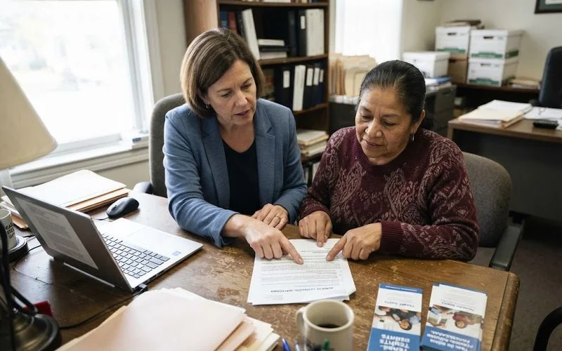 A bilingual attorney explaining foreclosure paperwork to a client in a law office