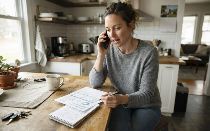 A person calling their mortgage servicer while reviewing a payment statement at home