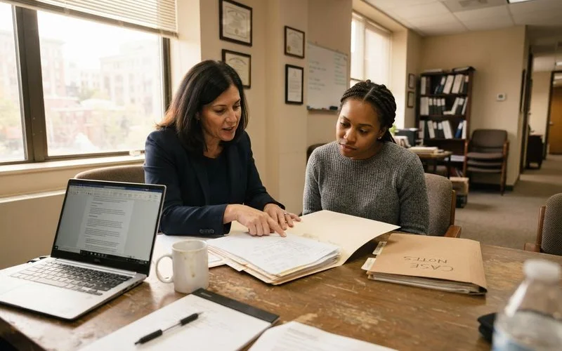 A client and attorney reviewing a case file together across a desk