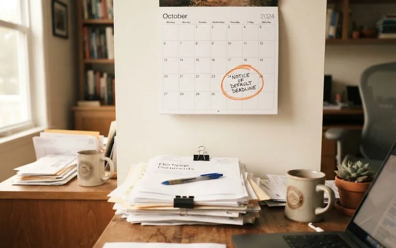 A stack of mortgage default notice paperwork next to a calendar marked with a deadline