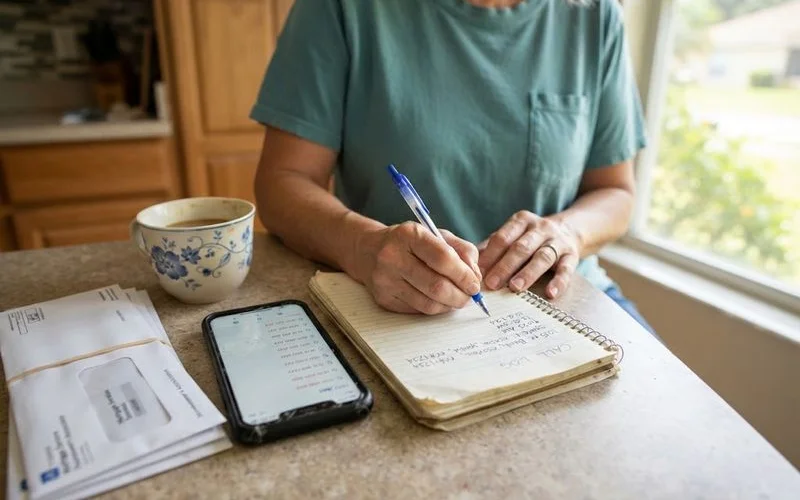 A person writing notes in a log book after a phone call from a debt collector