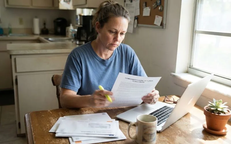 A homeowner reading through a printed summary of Florida foreclosure law protections