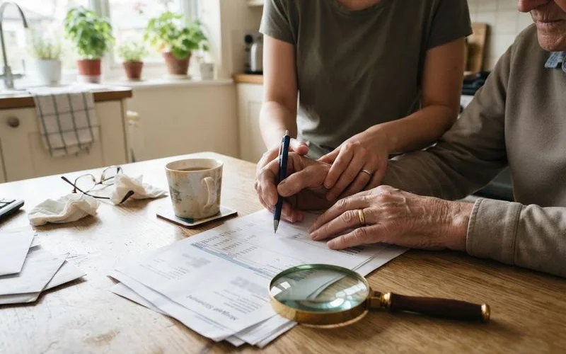 An adult child helping a senior parent review mortgage paperwork at the kitchen table