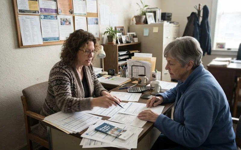 A community housing counseling office with someone reviewing foreclosure prevention paperwork