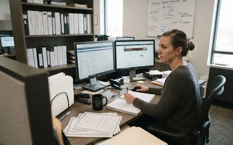 A researcher at a desk cross-referencing public business filings with a laptop showing star review summaries for local law firms