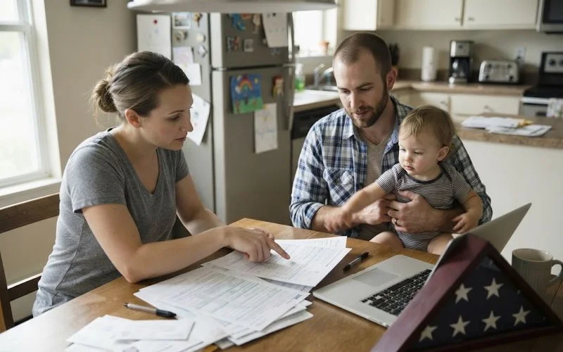 A military family reviewing mortgage paperwork together at home
