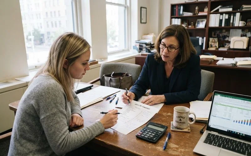 A homeowner reviewing mortgage paperwork and a fee agreement at a kitchen table with a laptop open