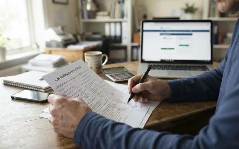 A homeowner reviewing loan modification paperwork with a laptop and calculator