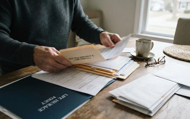 A person reviewing mortgage and insurance paperwork alone at a kitchen table